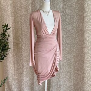 NBD X REVOLVE Blush Pink Ruched Bodycon Mini Dress Long Sleeve Deep V Size XS